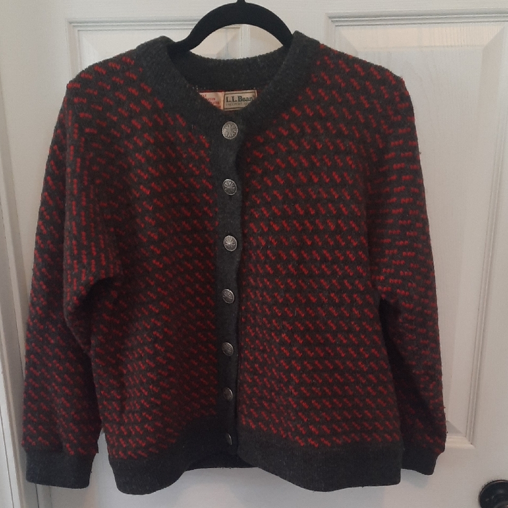 Vintage L.L. Bean Red and Gray Wool Cardigan